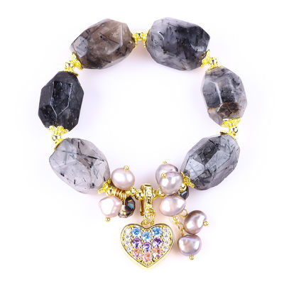 Vòng đeo tay đá quý có thể điều chỉnh màu đen Rutilate Quartz Vòng đeo đá tự nhiên Ngọc trai đồ trang sức cho việc đeo hàng ngày