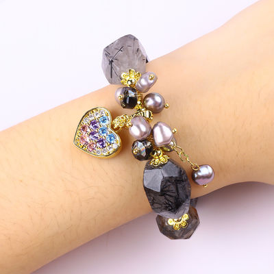 Vòng đeo tay đá quý có thể điều chỉnh màu đen Rutilate Quartz Vòng đeo đá tự nhiên Ngọc trai đồ trang sức cho việc đeo hàng ngày