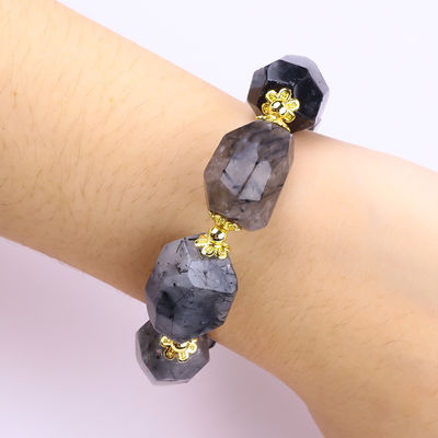 Vòng đeo tay đá quý có thể điều chỉnh màu đen Rutilate Quartz Vòng đeo đá tự nhiên Ngọc trai đồ trang sức cho việc đeo hàng ngày