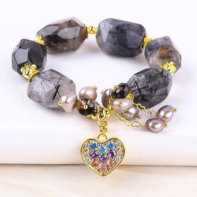 Vòng đeo tay đá quý có thể điều chỉnh màu đen Rutilate Quartz Vòng đeo đá tự nhiên Ngọc trai đồ trang sức cho việc đeo hàng ngày