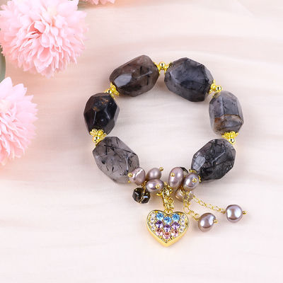 Vòng đeo tay đá quý có thể điều chỉnh màu đen Rutilate Quartz Vòng đeo đá tự nhiên Ngọc trai đồ trang sức cho việc đeo hàng ngày