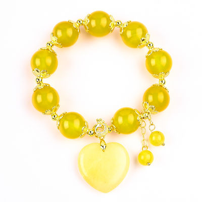 14MM Năng lượng tự nhiên màu vàng Chalcedony với màu vàng đá ngọc bích khắc trái tim may mắn Crystal Bead vòng tay