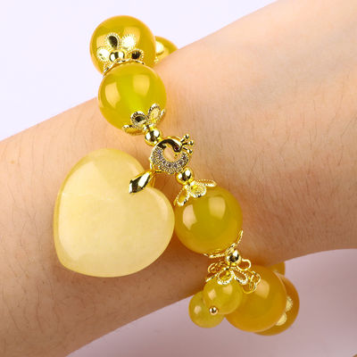 14MM Năng lượng tự nhiên màu vàng Chalcedony với màu vàng đá ngọc bích khắc trái tim may mắn Crystal Bead vòng tay
