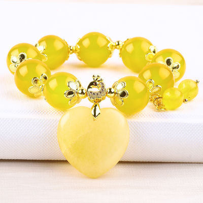 14MM Năng lượng tự nhiên màu vàng Chalcedony với màu vàng đá ngọc bích khắc trái tim may mắn Crystal Bead vòng tay