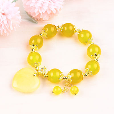 14MM Năng lượng tự nhiên màu vàng Chalcedony với màu vàng đá ngọc bích khắc trái tim may mắn Crystal Bead vòng tay