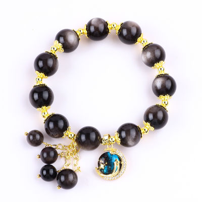 Đá thật 12mm bạc Obsidian Ngôi sao tròn với Moon Charm Crystal Bead Bracelet