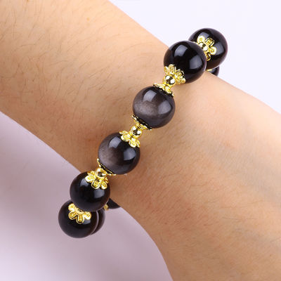 Đá thật 12mm bạc Obsidian Ngôi sao tròn với Moon Charm Crystal Bead Bracelet