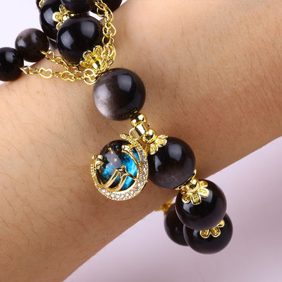 Đá thật 12mm bạc Obsidian Ngôi sao tròn với Moon Charm Crystal Bead Bracelet