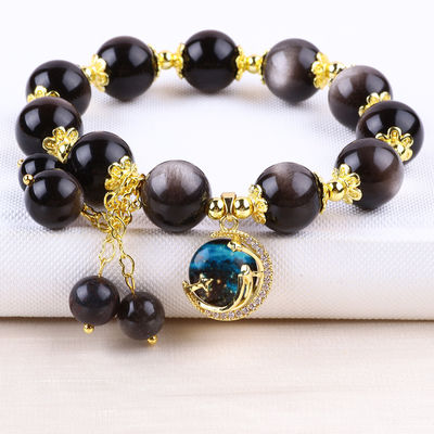 Đá thật 12mm bạc Obsidian Ngôi sao tròn với Moon Charm Crystal Bead Bracelet