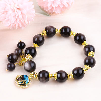 Đá thật 12mm bạc Obsidian Ngôi sao tròn với Moon Charm Crystal Bead Bracelet