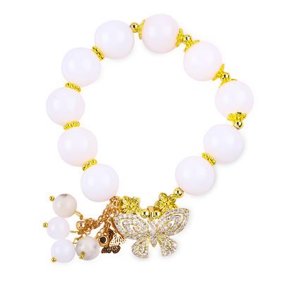 Natural White Agate 14MM Crystal Single Circle Hand String Butterfly Charm Bracelet Để tặng