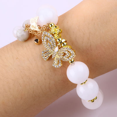 Natural White Agate 14MM Crystal Single Circle Hand String Butterfly Charm Bracelet Để tặng