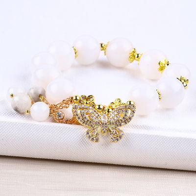 Natural White Agate 14MM Crystal Single Circle Hand String Butterfly Charm Bracelet Để tặng