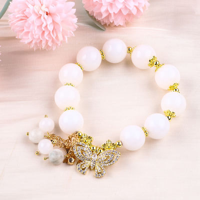 Natural White Agate 14MM Crystal Single Circle Hand String Butterfly Charm Bracelet Để tặng
