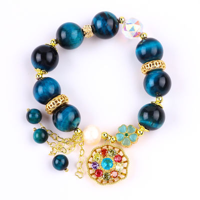 14MM năng lượng chữa bệnh tinh thể Blue Tiger Eye Flower Spinner Charm Bead vòng đeo tay cho mặc hàng ngày