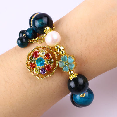 14MM năng lượng chữa bệnh tinh thể Blue Tiger Eye Flower Spinner Charm Bead vòng đeo tay cho mặc hàng ngày