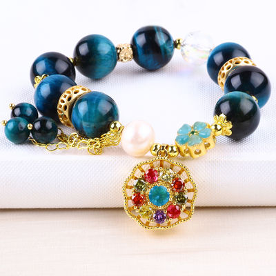 14MM năng lượng chữa bệnh tinh thể Blue Tiger Eye Flower Spinner Charm Bead vòng đeo tay cho mặc hàng ngày