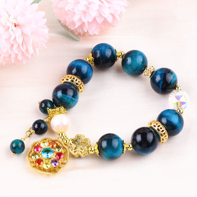 14MM năng lượng chữa bệnh tinh thể Blue Tiger Eye Flower Spinner Charm Bead vòng đeo tay cho mặc hàng ngày