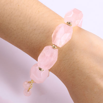 14MM Nhiều mặt Rose Quartz đá tinh thể vòng tay khắc trái tim