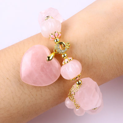 14MM Nhiều mặt Rose Quartz đá tinh thể vòng tay khắc trái tim