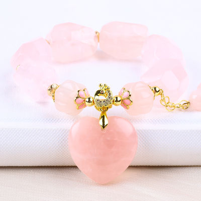 14MM Nhiều mặt Rose Quartz đá tinh thể vòng tay khắc trái tim