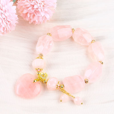14MM Nhiều mặt Rose Quartz đá tinh thể vòng tay khắc trái tim