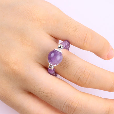Nhẫn đá quý bằng hạt 4mm thủ công Nhẫn đá Amethyst đàn hồi có thể điều chỉnh Để mặc hàng ngày
