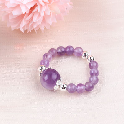 Nhẫn đá quý bằng hạt 4mm thủ công Nhẫn đá Amethyst đàn hồi có thể điều chỉnh Để mặc hàng ngày