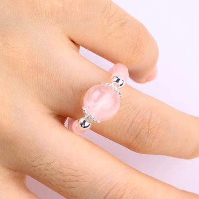 Nhẫn đá quý bằng hạt 4mm thủ công Đường nhẫn đá đá Rose Quartz có thể điều chỉnh