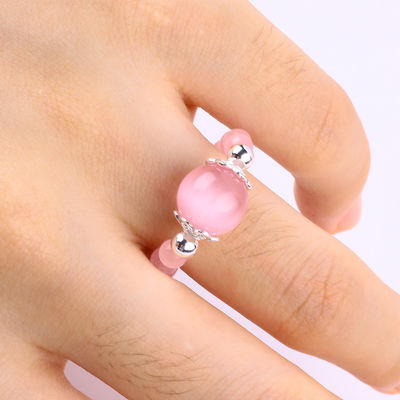 4mm Đá đốm bằng tay Nhẫn có hạt Đá mắt mèo màu hồng có thể điều chỉnh Nhẫn đá cho bữa tiệc