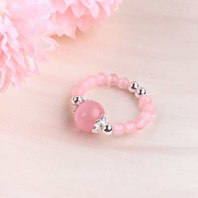 4mm Đá đốm bằng tay Nhẫn có hạt Đá mắt mèo màu hồng có thể điều chỉnh Nhẫn đá cho bữa tiệc