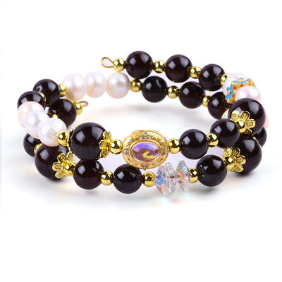 Custom DIY 8MM Garnet And White Pearl With Flower Spacer Bead Double Bangle For Daily Wearing (Thiết kế riêng)