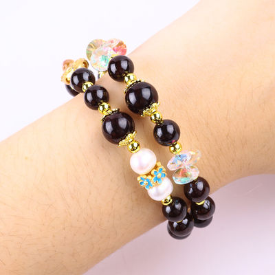Custom DIY 8MM Garnet And White Pearl With Flower Spacer Bead Double Bangle For Daily Wearing (Thiết kế riêng)