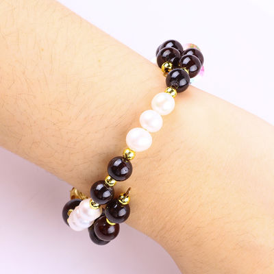 Custom DIY 8MM Garnet And White Pearl With Flower Spacer Bead Double Bangle For Daily Wearing (Thiết kế riêng)