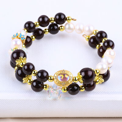 Custom DIY 8MM Garnet And White Pearl With Flower Spacer Bead Double Bangle For Daily Wearing (Thiết kế riêng)