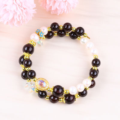 Custom DIY 8MM Garnet And White Pearl With Flower Spacer Bead Double Bangle For Daily Wearing (Thiết kế riêng)