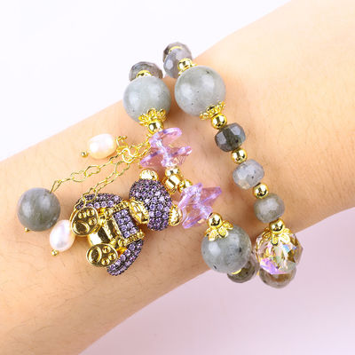 7MM nhiều mặt Labradorite và nước ngọt Ngọc trai thủ công đá quý màu tím gấu nét đeo tay đeo vòng đeo tay