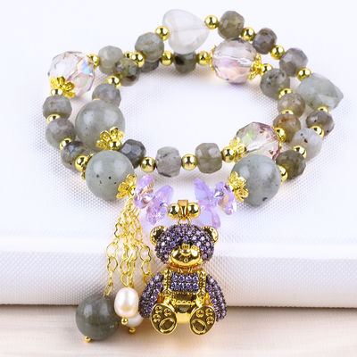 7MM nhiều mặt Labradorite và nước ngọt Ngọc trai thủ công đá quý màu tím gấu nét đeo tay đeo vòng đeo tay