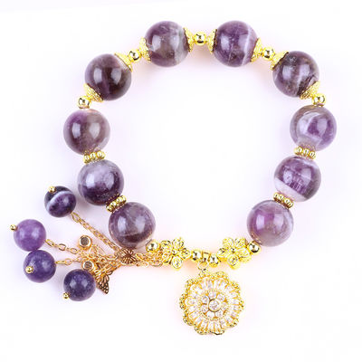 Bàn tay 12MM Dream Amethyst với hoa Spinner Charm Blessing Crystal Bead Bracelet
