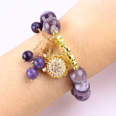Bàn tay 12MM Dream Amethyst với hoa Spinner Charm Blessing Crystal Bead Bracelet