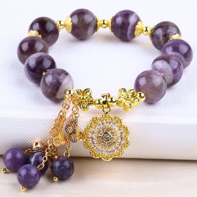 Bàn tay 12MM Dream Amethyst với hoa Spinner Charm Blessing Crystal Bead Bracelet