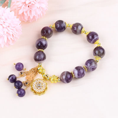 Bàn tay 12MM Dream Amethyst với hoa Spinner Charm Blessing Crystal Bead Bracelet