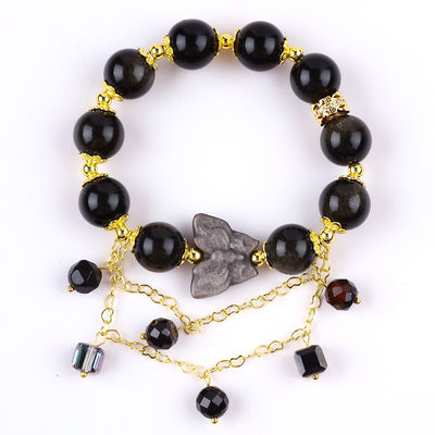 Đá bán quý vàng Obsidian với bạc Obsidian Bướm hình tròn vòng đeo tay đeo vòng đeo tay