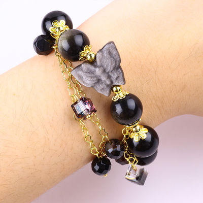 Đá bán quý vàng Obsidian với bạc Obsidian Bướm hình tròn vòng đeo tay đeo vòng đeo tay