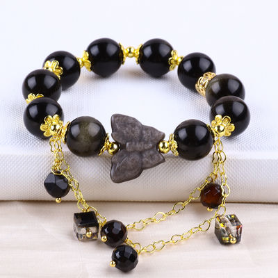 Đá bán quý vàng Obsidian với bạc Obsidian Bướm hình tròn vòng đeo tay đeo vòng đeo tay