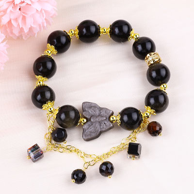 Đá bán quý vàng Obsidian với bạc Obsidian Bướm hình tròn vòng đeo tay đeo vòng đeo tay