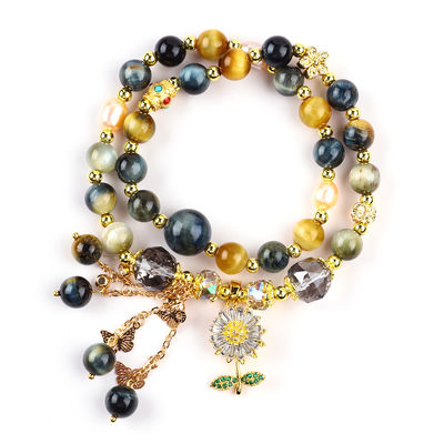 8MM độc đáo với Dream Tiger Eye SunFlower Spinner Charm Blessing Crystal Double Layer Bracelet