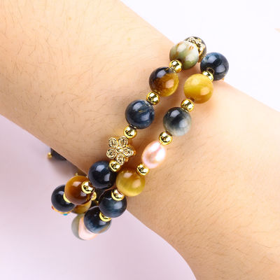8MM độc đáo với Dream Tiger Eye SunFlower Spinner Charm Blessing Crystal Double Layer Bracelet