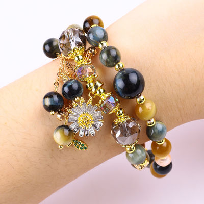 8MM độc đáo với Dream Tiger Eye SunFlower Spinner Charm Blessing Crystal Double Layer Bracelet