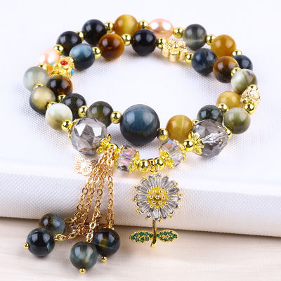 8MM độc đáo với Dream Tiger Eye SunFlower Spinner Charm Blessing Crystal Double Layer Bracelet